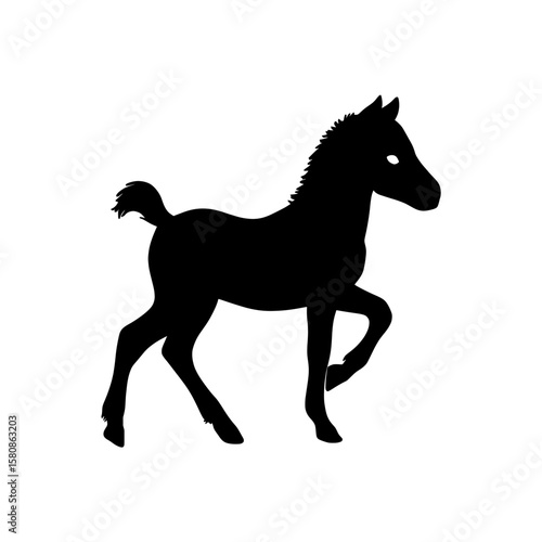 This modern clipart black illustration features the silhouette of a hobby horse, also called a stick horse or toy horse, which serves as a symbol for playful fun and activity