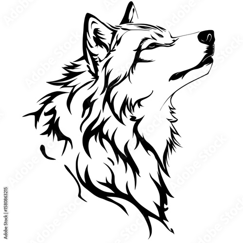 The modern clipart illustration features a black design of a wolf head silhouette, emphasizing the primal strength and nocturnal wilderness traits of a lupine predator with a fierce profile