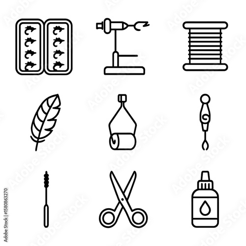 Holder fly vector feathers fishing tools hackle brush icon floatant thread scissors