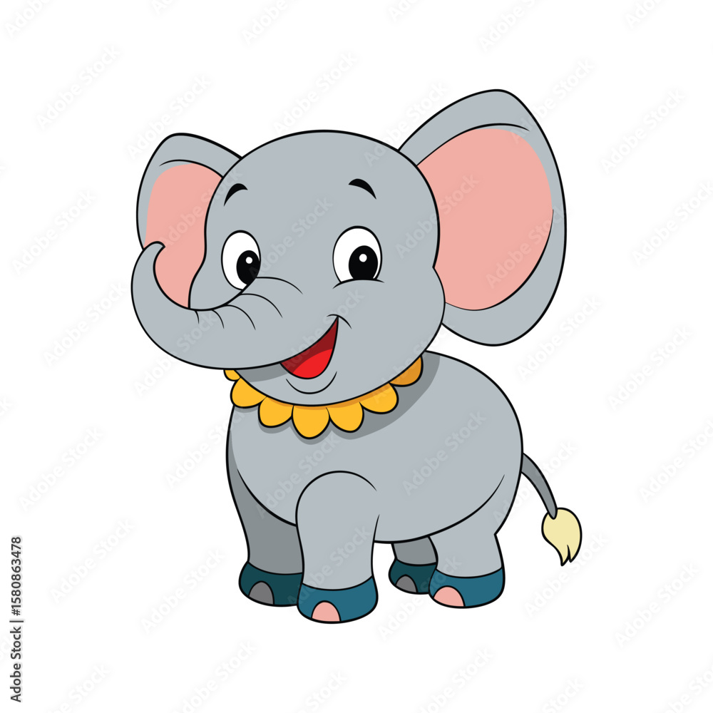 Naklejka premium Cute cartoon elephant with big ears and a joyful expression animal grey