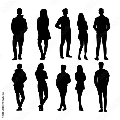 Flat silhouettes of men and women wearing casual clothing are captured in different poses, with each figure rendered in solid black against a white background to facilitate creative design