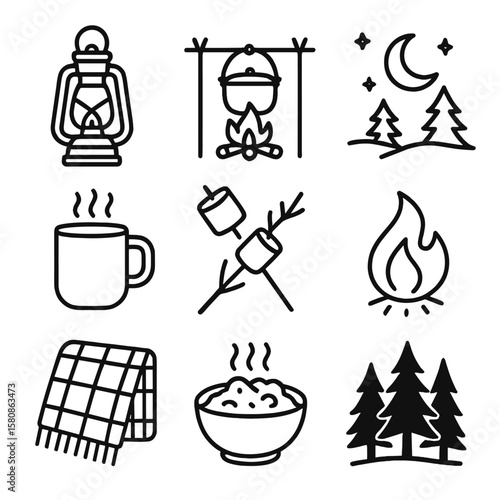Lantern drink stick blanket vector cooking outdoor light icon scene evening marshmallows