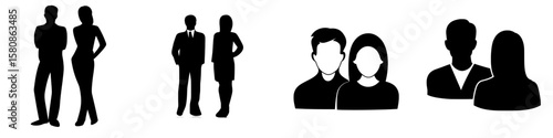 A man and woman duo are depicted as black silhouettes in a modern flat illustration set against a white background