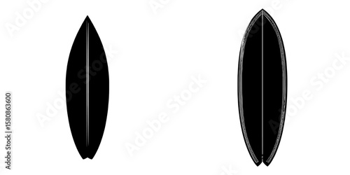 This image depicts a surfboard in black silhouette, characterized by its pointed tip and subtly concave underside, making it well-suited for various water sports, as represented in a contemporary