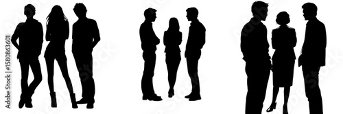 This modern clipart illustration design depicts three individuals standing in silhouette, highlighting human connection and interaction with a minimalist approach