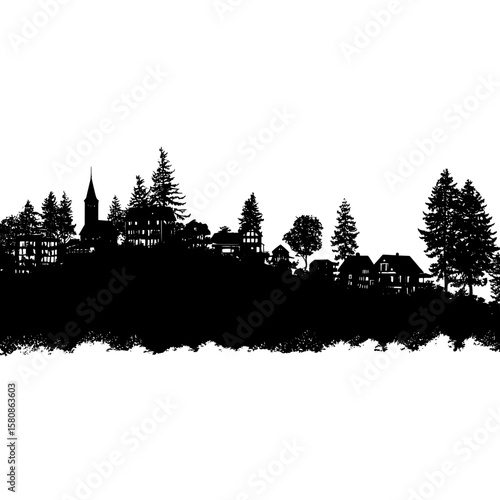 The silhouette of a neighborhood is captured in this image, highlighting a tranquil collection of homes and trees on a scenic slope, presented in a contemporary illustration design