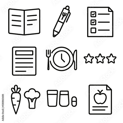 Daily vector open icon sheet pen clock food symbols meal diary page