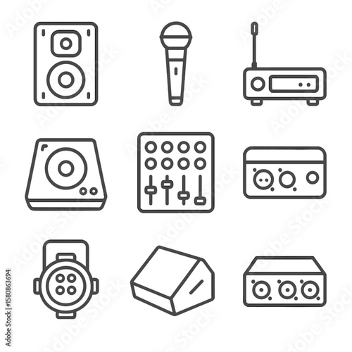Wireless audio icon gear mixer floor speaker icons handheld splitter box wedge