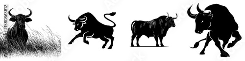 This image depicts a black silhouette of a Brahman bull, also known as Zebu, characterized by its distinctive hump and horns, in a modern clipart illustration design