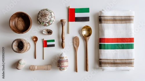 An elegant arrangement of United Arab Emirates (UAE) flags alongside culinary items and textiles, all carefully presented on a clean surface. It suggests a celebration of culture or cuisine. 