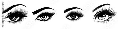 This image depicts a black and white eye silhouette featuring noticeable eyelashes and a circular pupil, representing vision and design through modern clipart illustration