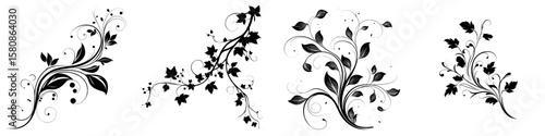 This image depicts a modern clipart illustration design featuring a black floral pattern with swirling vines and leaves, known as an ornamental foliage design, resembling a leaf vine silhouette