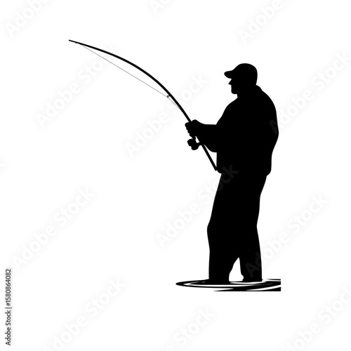 A minimalist fisherman's modern outline is depicted in a solitary illustration set against a white backdrop