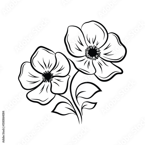 Delicate floral outline with two blooming flowers and leaves petals