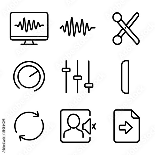 Audio podcast loop icon cut editing track icons separator screen equalizer export