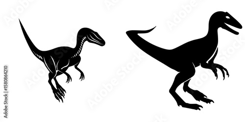 The silhouette of a velociraptor is depicted in a modern art illustration on a white background