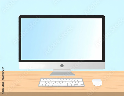 Minimalist vector illustration of a desktop computer with keyboard and mouse on wooden table, isolated on light blue background.