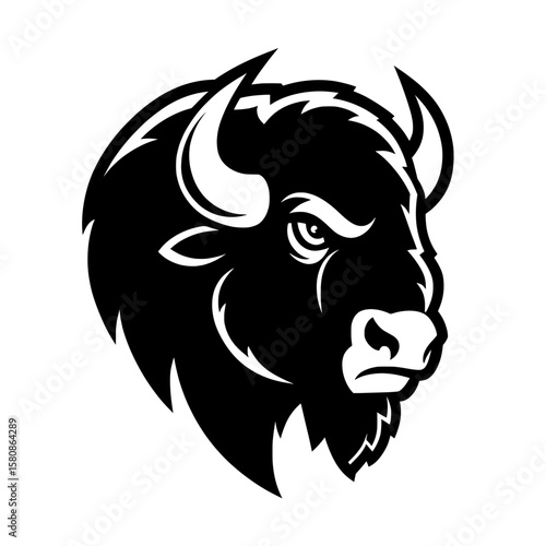 This image depicts a black and white illustration of a buffalo head, also known as a bison, with prominent horns and detailed features, presented in a modern clipart design as a silhouette