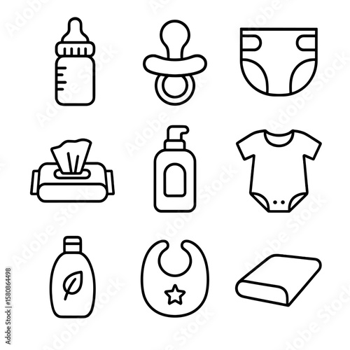 Diaper shampoo care mat bib baby wipes pacifier vector icon changing
