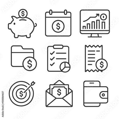 Income bills icon finance personal calendar coin goal icons bank planner piggy