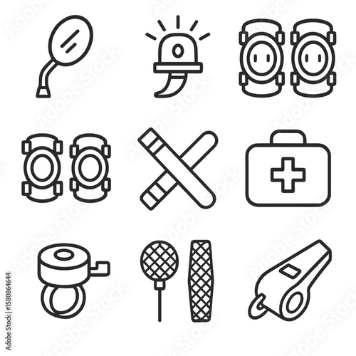 Icons emergency light safety rearview whistle bell vector elbow cycling bike reflectors