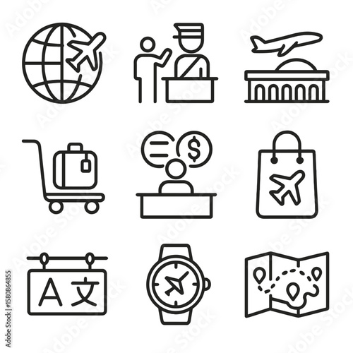 Terminal icon international route cart exchange vector time checkpoint airplane icons flight