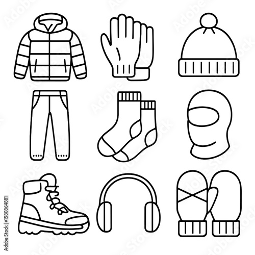 Beanie gloves gear pants thermal winter icon vector insulated hiking warmers down