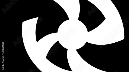Abstract white geometric shape with curved blades on black background