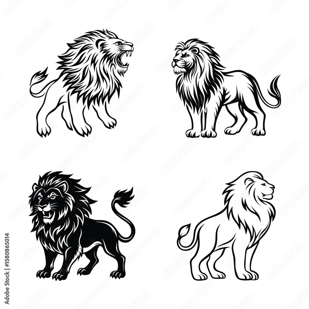 Fototapeta premium Four majestic lions black and white illustrations silhouette