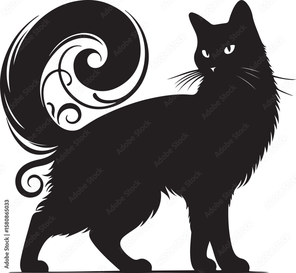Obraz premium Elegant Black Cat Silhouette with Ornate Tail Design