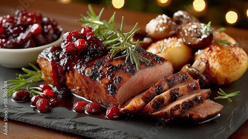 Barbecue deer haunch on a slate slab with cranberry sauce and mushrooms