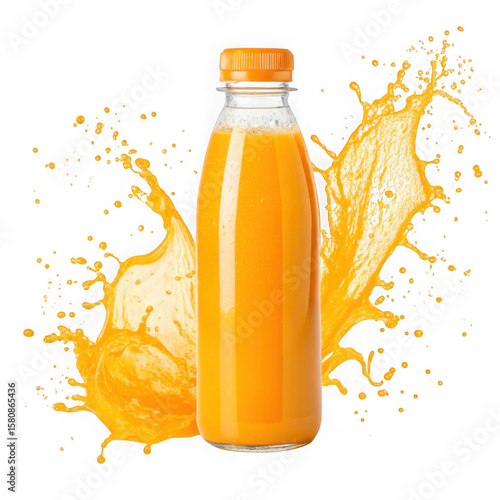 Glass bottle filled with vibrant orange juice with dynamic splashes isolated on transparent background
