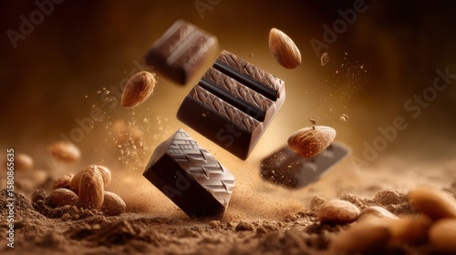 Dynamic dark chocolate bar pieces on white background