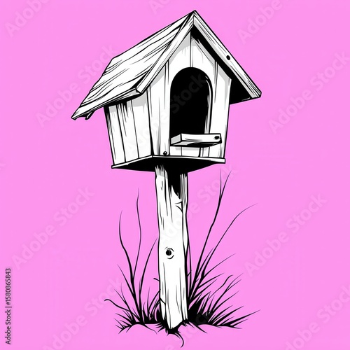 White Wooden Birdhouse on Pink Background Line Drawing