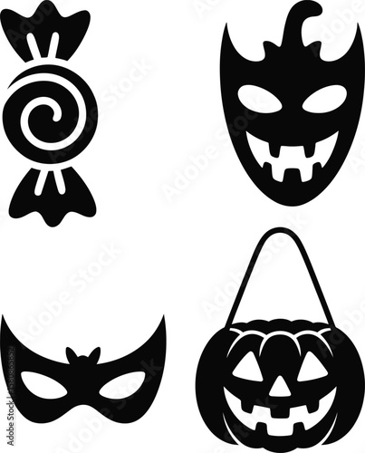 Halloween Silhouettes Icon Set Candy, Pumpkin, Mask and Scary Face