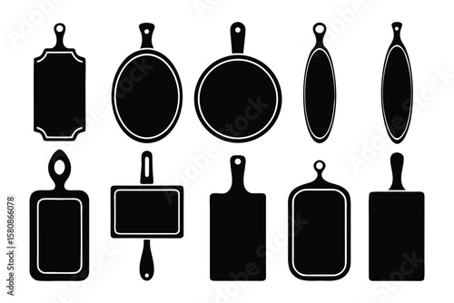Collection of ten diverse black and white silhouette icons representing various shapes and styles of cutting boards with handles