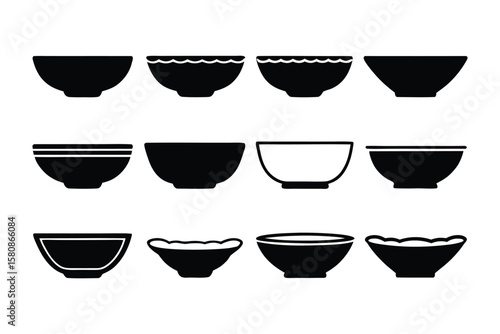 A collection of twelve diverse black silhouette icons representing various bowl shapes and styles on a white background