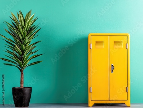 Yellow Metal Cabinet and Yucca Plant Against Teal Wall