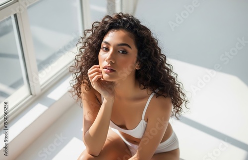 Wallpaper Mural Confident Indonesian woman age 20 with trending hairstyle poses seductively in white studio wearing matching bra and panties set Torontodigital.ca
