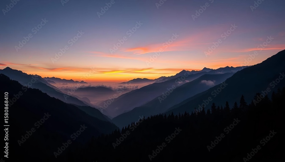 Obraz premium Layered mountains, Swiss valley, sunset, fog, Austrian Alps, hiking, camping, dark blue landscape, forest, vector background, camping, graphic