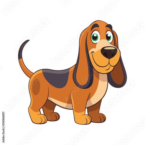 Playful brown bloodhound dog character with green eyes puppy cartoon