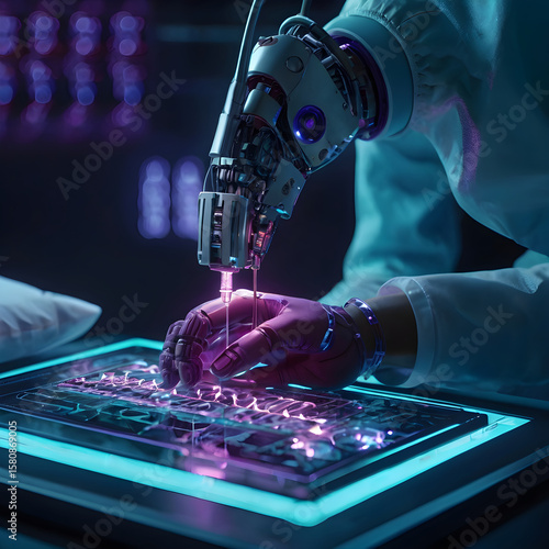 Futuristic Robotic Hand Typing on Glowing Keyboard Science Fiction Concept