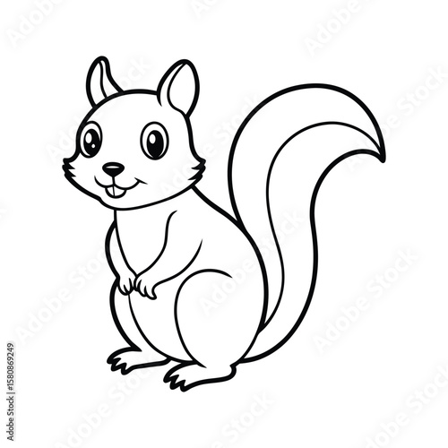 Playful cartoon squirrel outline with big eyes and bushy tail black and white animal