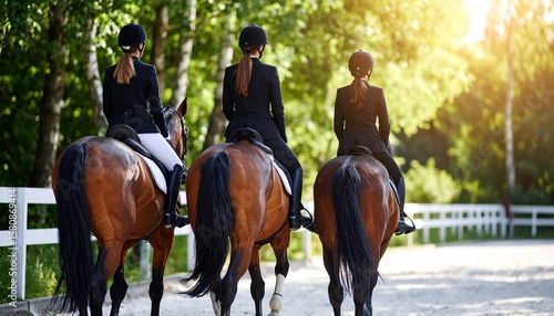 Three horsewomen wearing ride elegant horses along a scenic trail at the equestrian center on a bright summer day - capturing grace, safety, and horse gait walk training