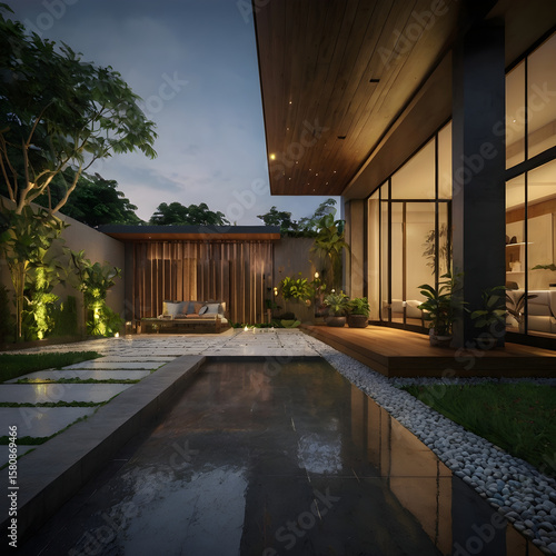 Luxury Modern Home Exterior with Pool and Outdoor Living Space at Dusk