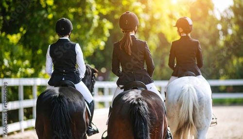 Three horsewomen wearing ride elegant horses along a scenic trail at the equestrian center on a bright summer day - capturing grace, safety, and horse gait walk training