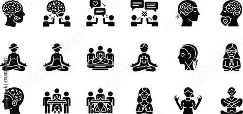 Psychology and mental health icon set. Vector glyph pictograms of brain, discussion, meditation, therapy, support group, therapy, mindfulness, emotional well-being black silhouette illustration