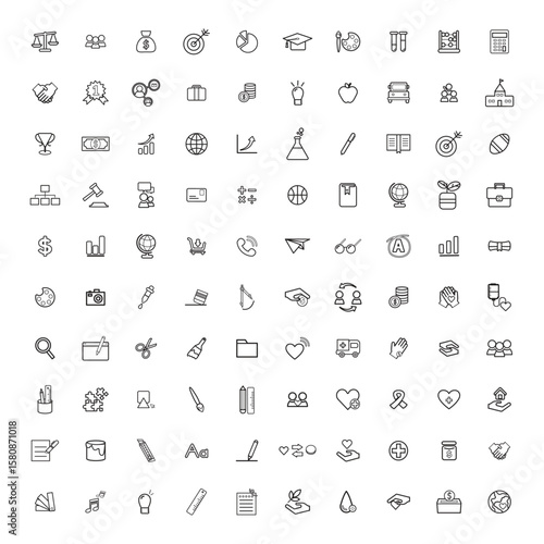 A collection of various outline icons representing diverse concepts and objects in a grid arrangement isolated on transparent background