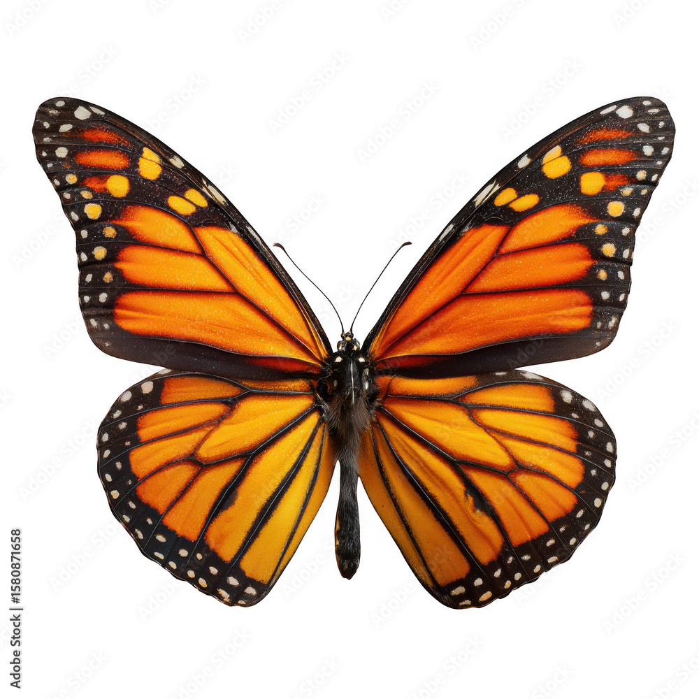 Fototapeta premium Detailed macro view of a monarch butterfly wing isolated on transparent background