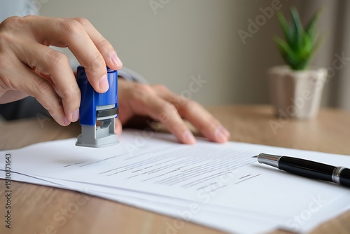 Close up of a person s hand holding a blue self inking rubber stamp over a document with a pen nearby on a wooden desk signifying approval or official action